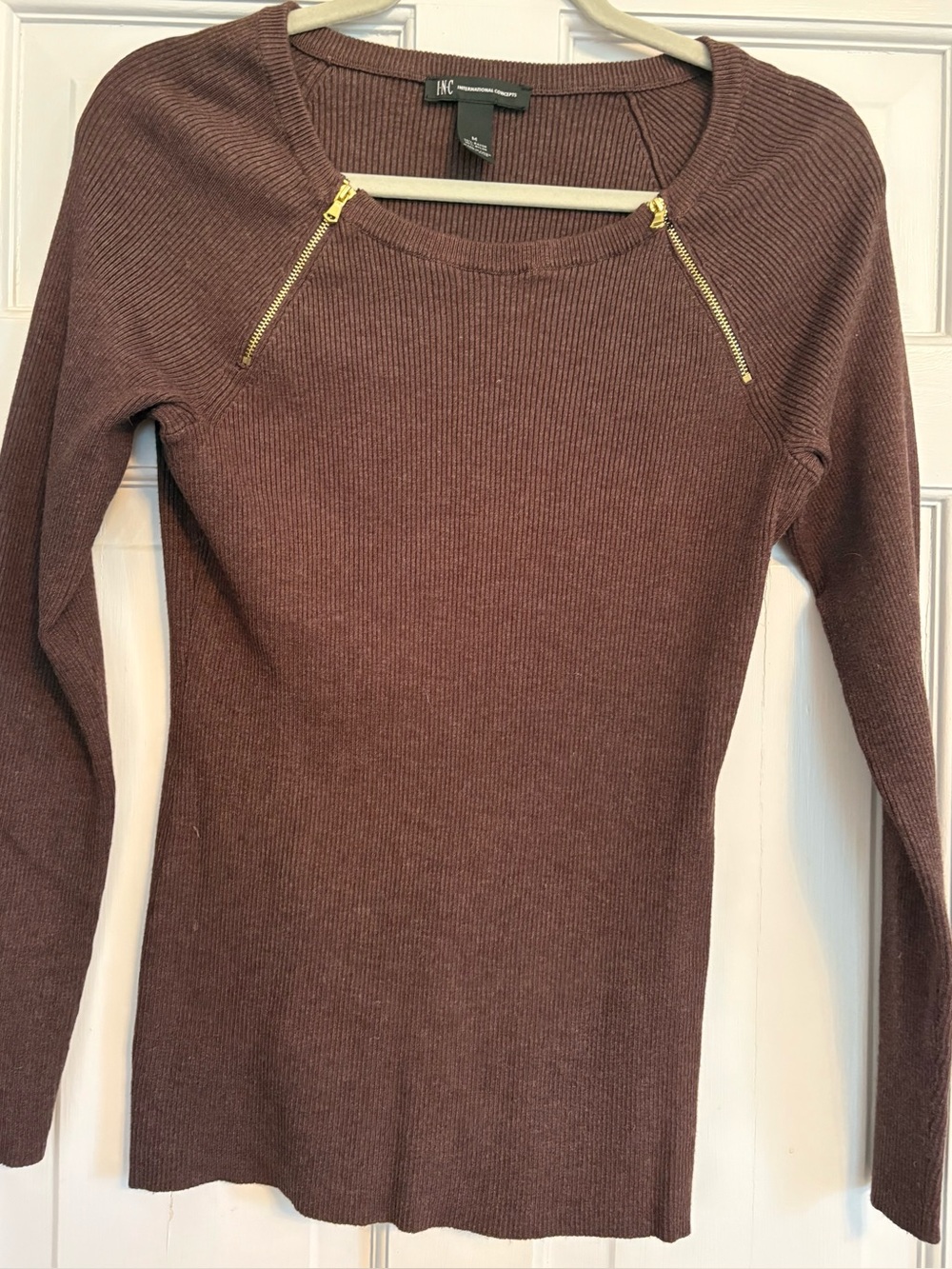 INC International Concepts Brown Ribbed Crewneck Sweater with Gold Zippers